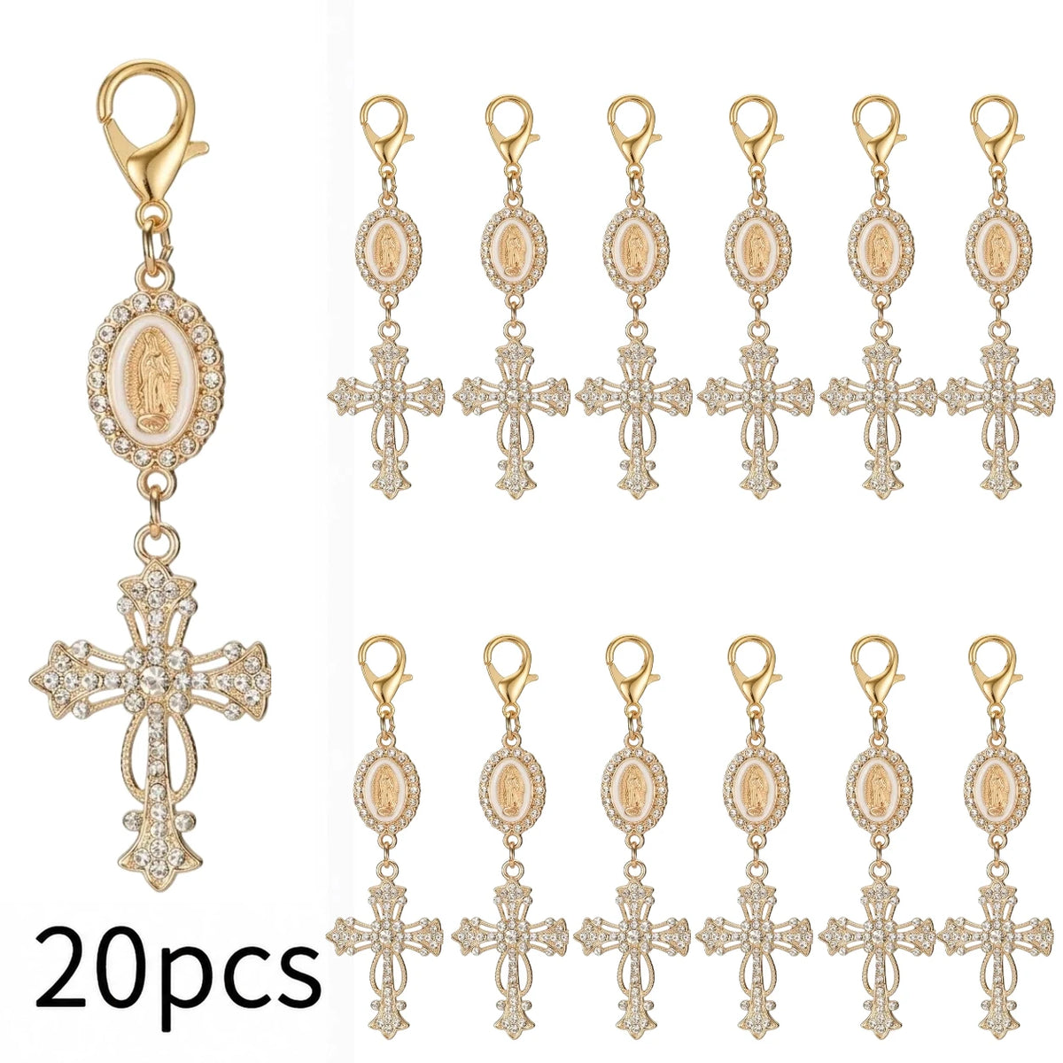 A set of 20 gold pearl rhinestone cross keychain charms for religious keepsakes.