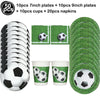 A set of soccer ball balloons including 10 plates, cups, and napkins for party decorations.