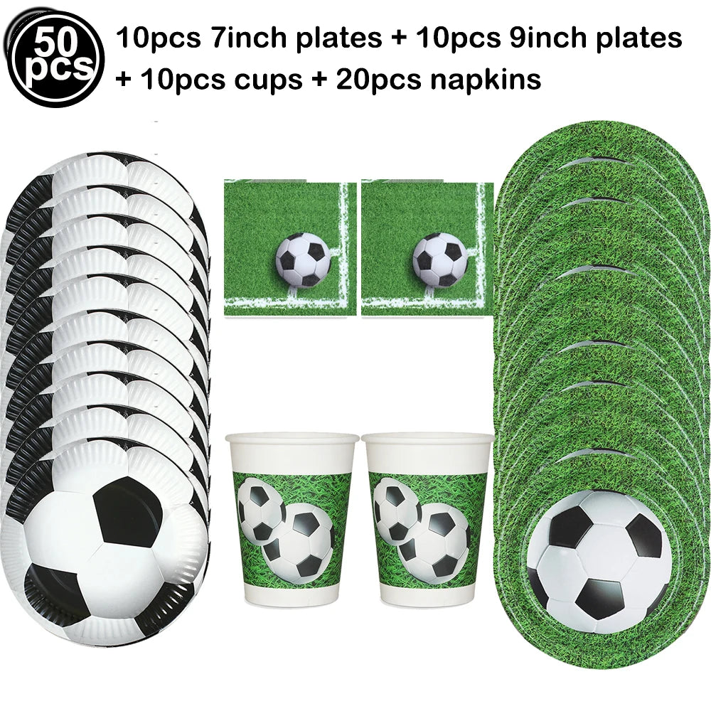 A set of soccer ball balloons including 10 plates, cups, and napkins for party decorations.