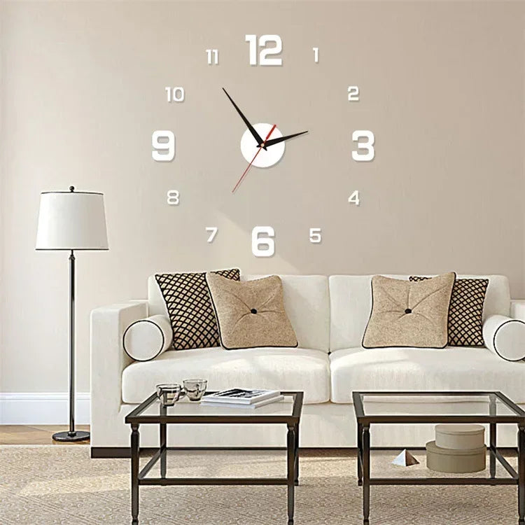 A modern living room wall featuring a white sofa and a frameless acrylic digital wall clock above a glass table.