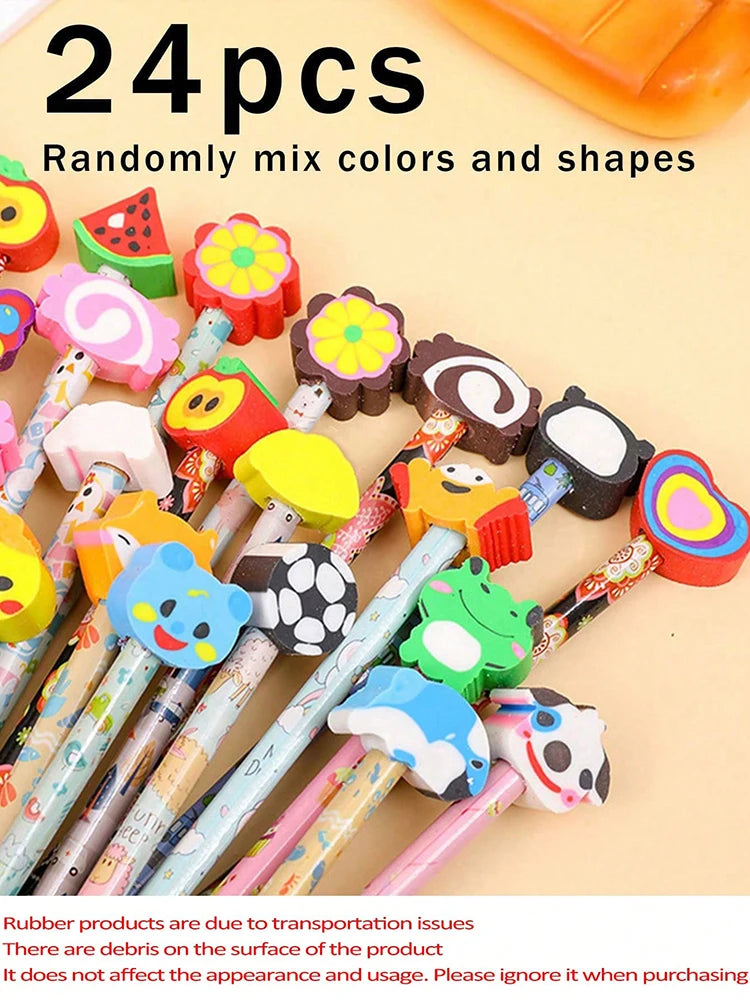 A set of 24 cartoon animal pencils with various colored eraser tops and shapes.