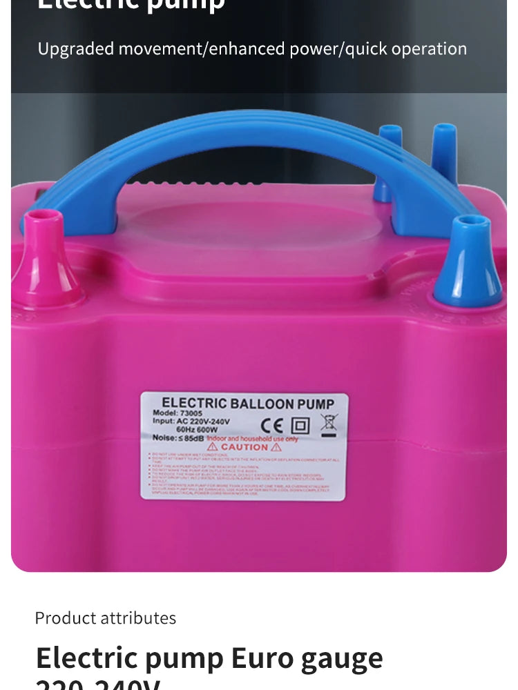 Pink electric balloon pump with a blue handle and pump mechanism.