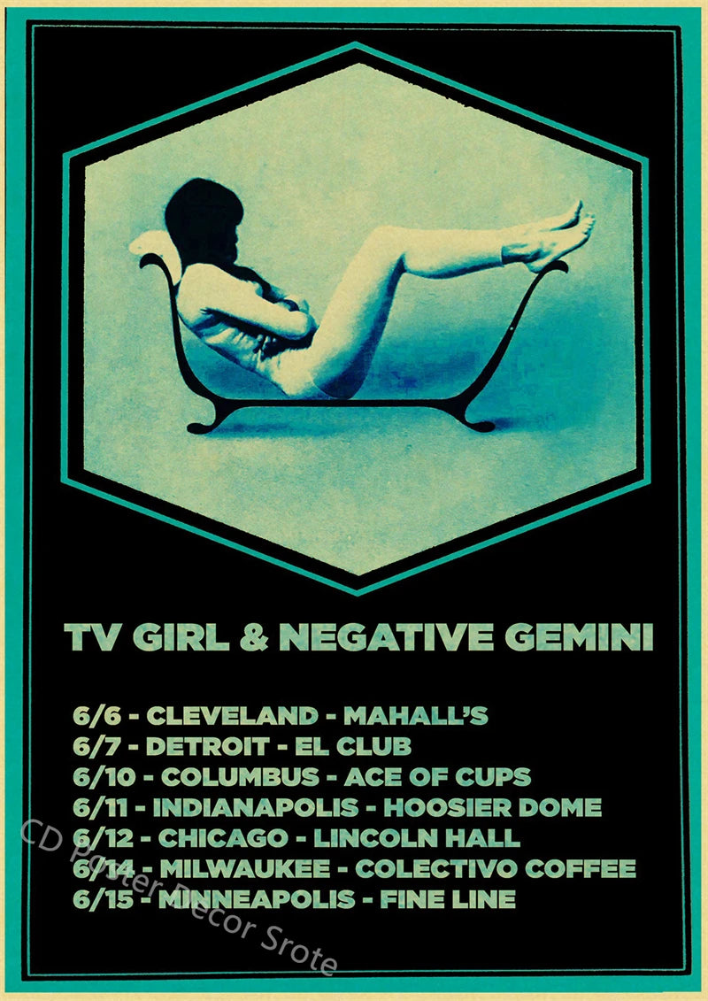 A vintage music poster listing various TV Girl and Negative Gemini performances with dates and locations.
