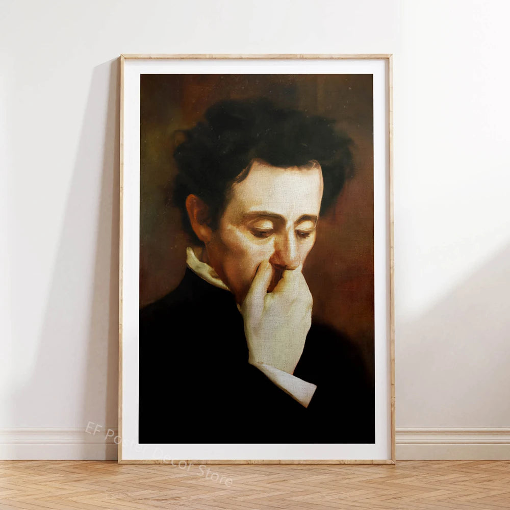 A framed oil painting portrait of a man with dark hair and a white collar, looking down thoughtfully.