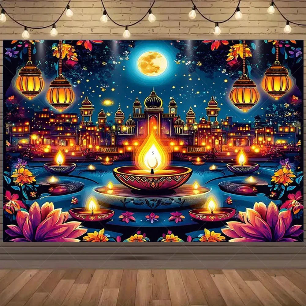 A vibrant backdrop featuring a cityscape, glowing lanterns, and a large moon for Diwali celebrations.