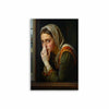 A painting of a young woman with light skin looking directly at the viewer, partially covered by a sheer white veil.