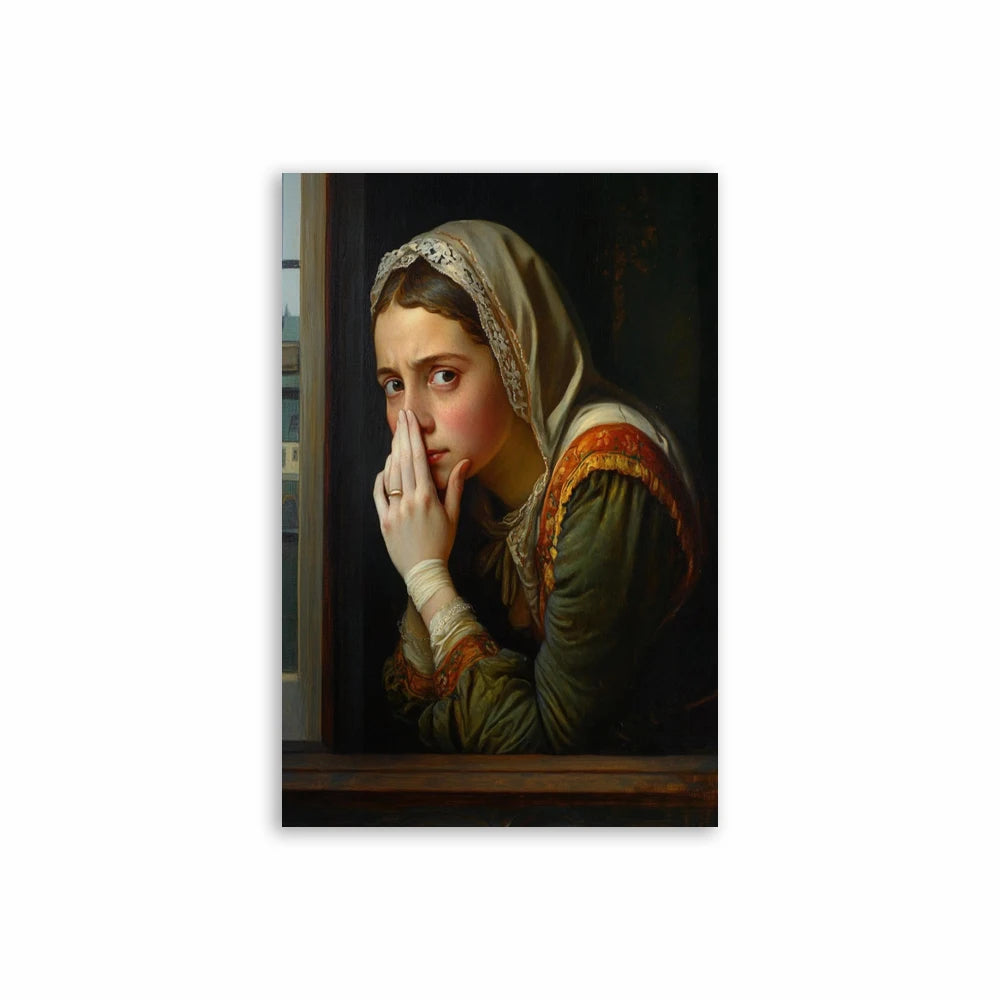 A painting of a young woman with light skin looking directly at the viewer, partially covered by a sheer white veil.