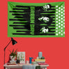 A green banner featuring a black and white graphic design with the text GREEN DAY and stars.