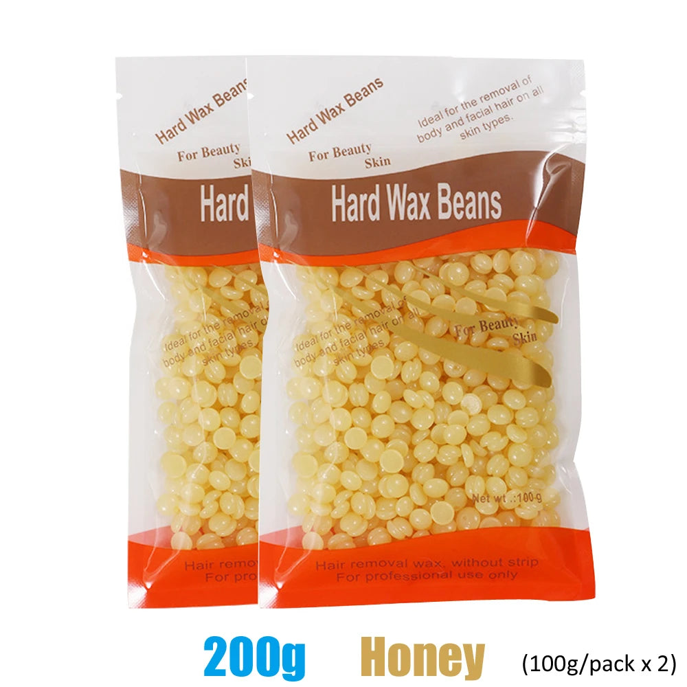 A package of Hard Wax Beans for body hair removal, showing yellow wax beans in a clear plastic bag.