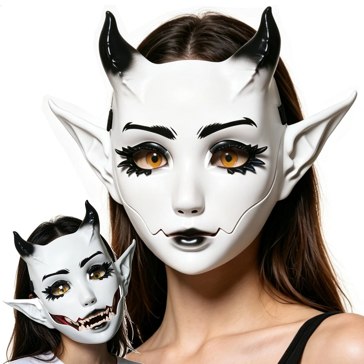 A woman is modeling a white horned fantasy creature mask with movable jaw.