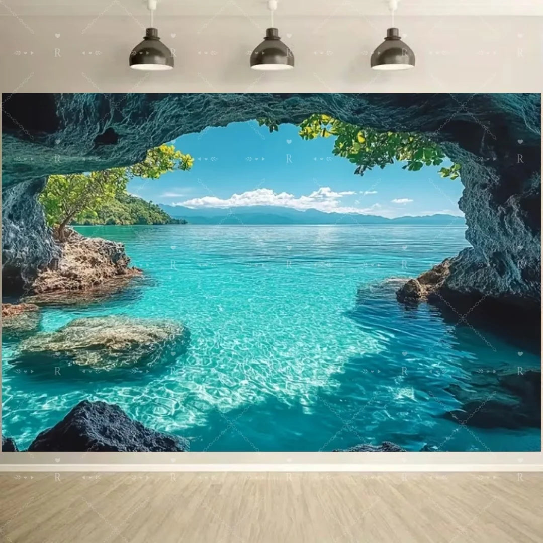 A scenic view of clear turquoise water and lush green cliffs framed by a natural cave opening.