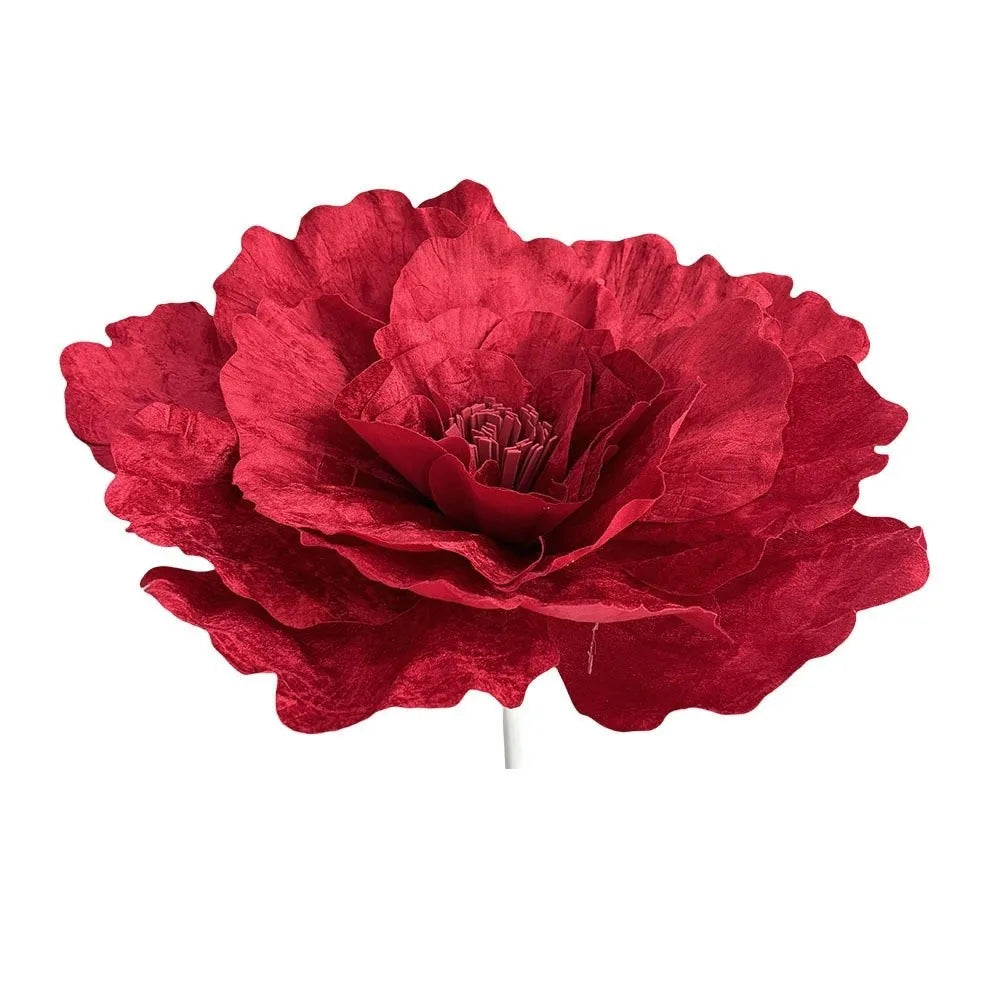 A deep red velvet artificial peony flower with a stem.