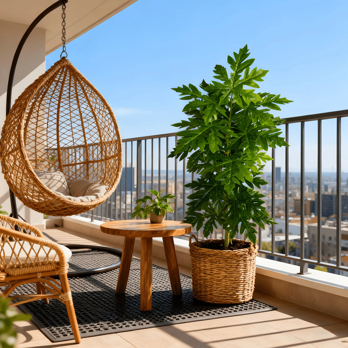 A large artificial papaya leaf plant in a woven basket sits on a wooden table on a balcony overlooking a city view.