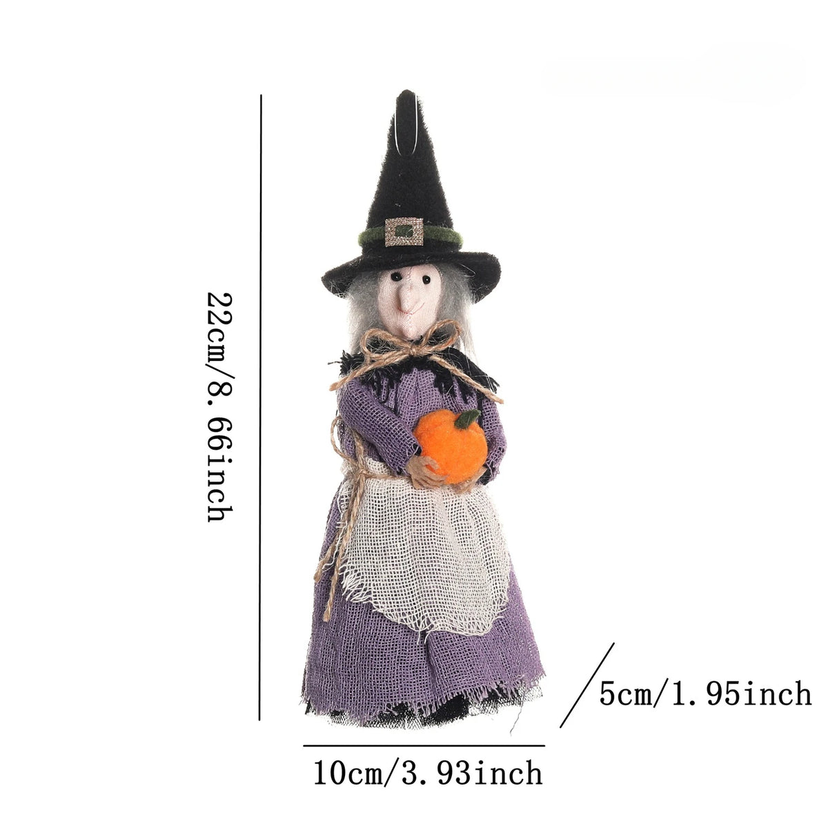 A small ornament featuring a witch hat, knitted clothing in purple and gray, and an orange accent.