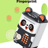A white and black piggy bank shaped like a panda with an integrated fingerprint scanner for automatic money saving.