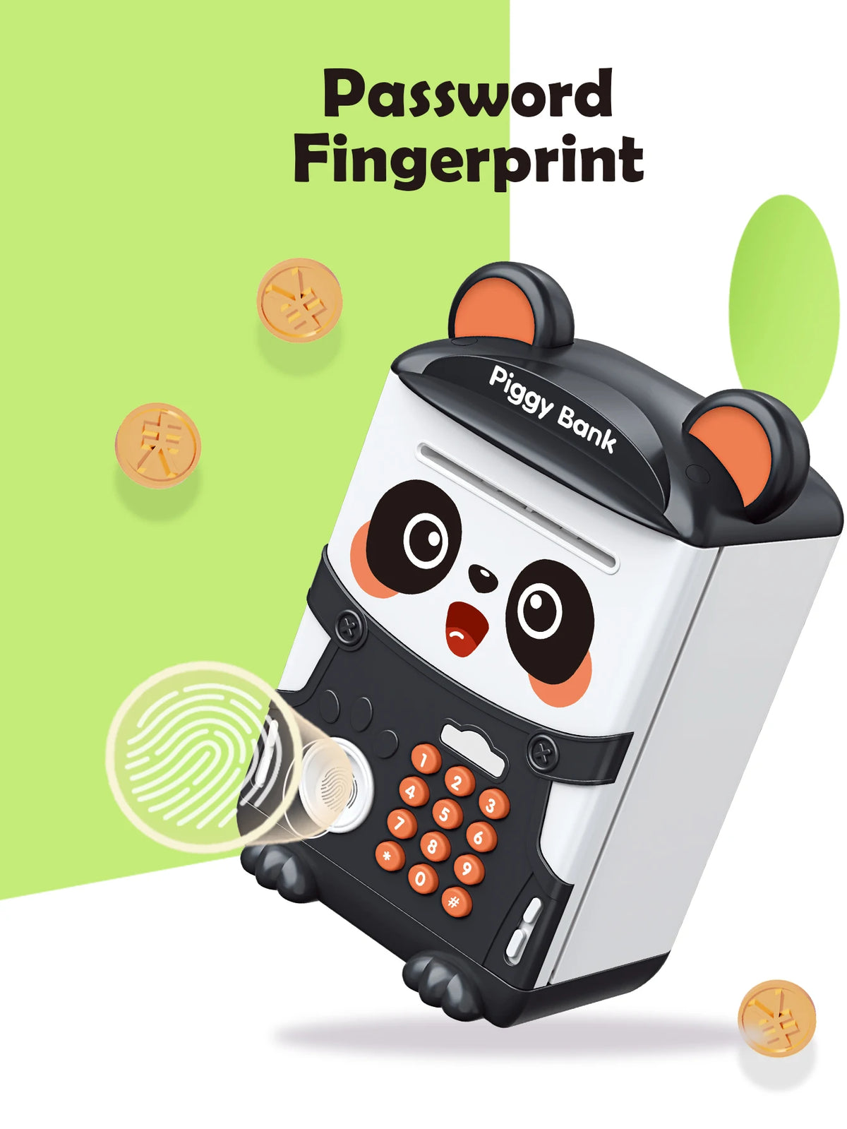 A white and black piggy bank shaped like a panda with an integrated fingerprint scanner for automatic money saving.