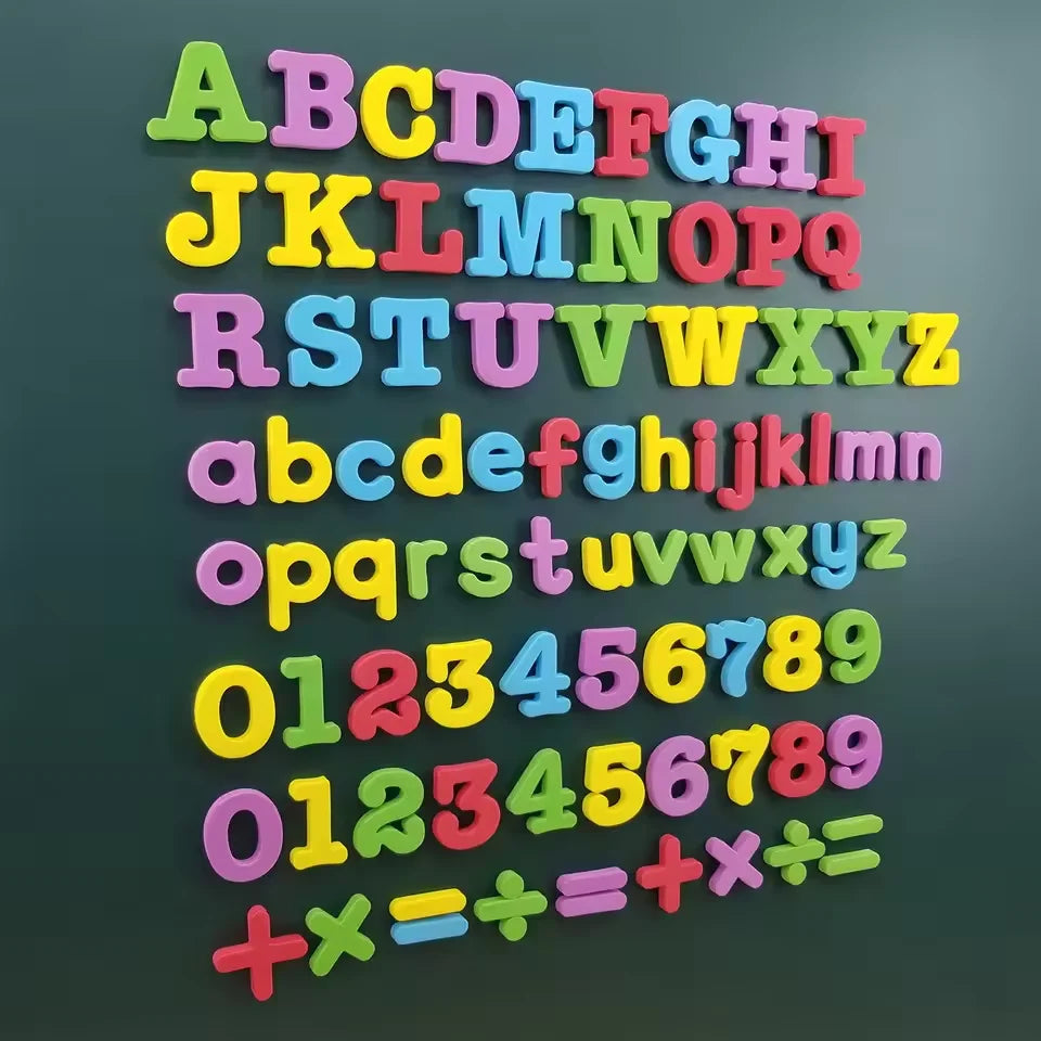 A colorful set of magnetic alphabet letters arranged in rows for educational play
