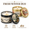 A set of two Evoduck candles, Snowy Cedar Cabin and Peppermint Stripe Stall, in gold tins.