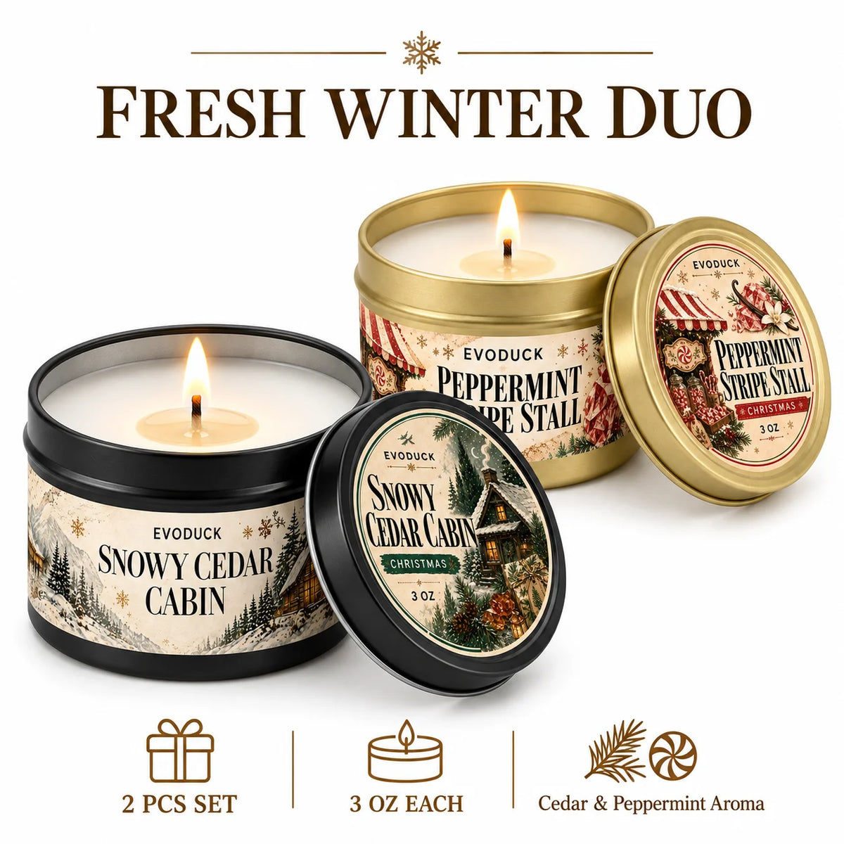A set of two Evoduck candles, Snowy Cedar Cabin and Peppermint Stripe Stall, in gold tins.