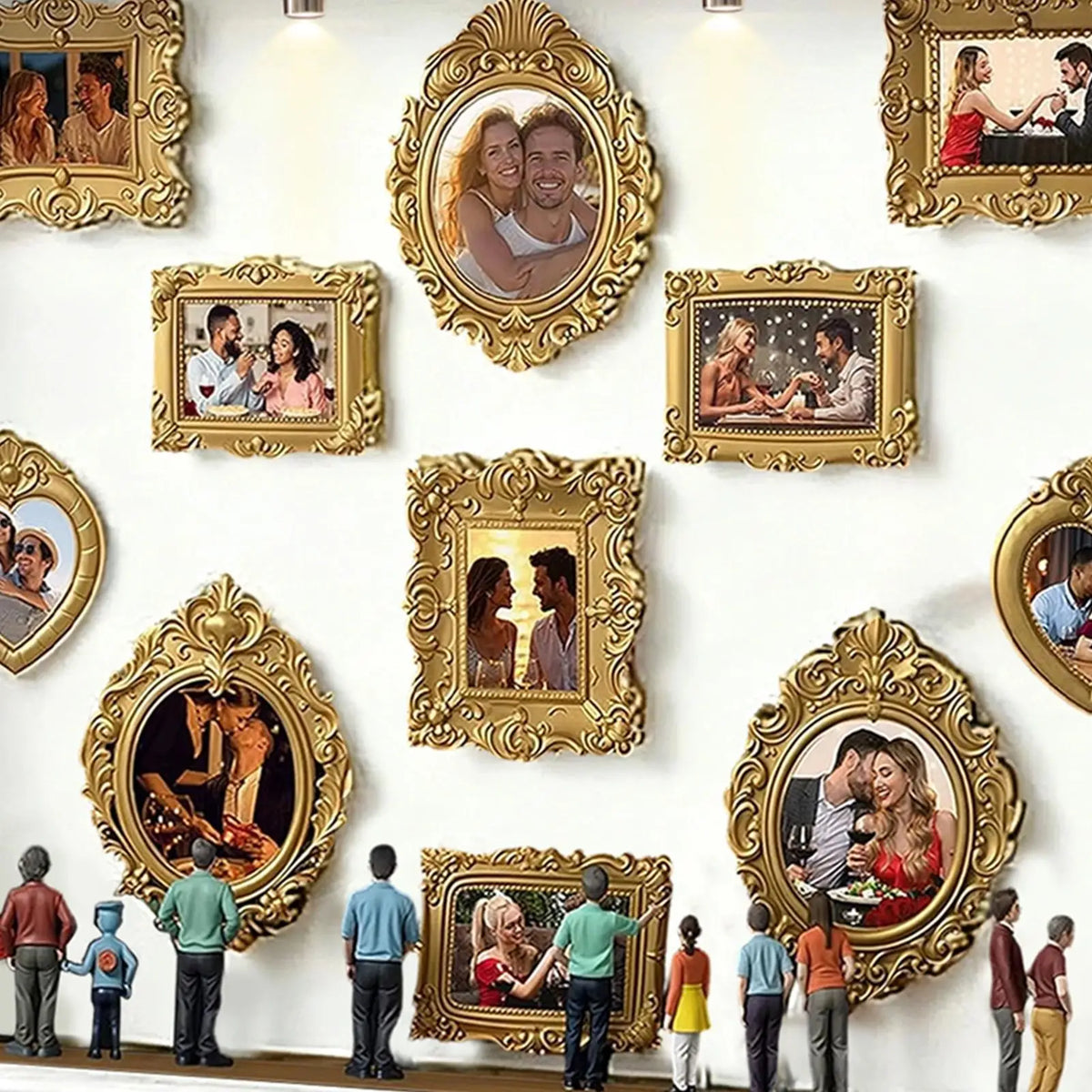 A gallery wall display featuring ornate gold-framed photo displays of couples and individuals.