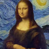 A painting of a woman with long brown hair looking forward against a blue night sky background.