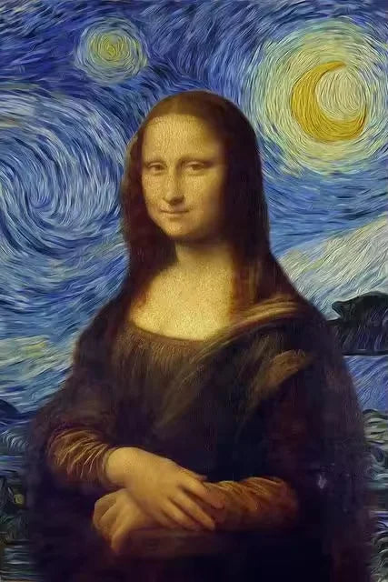 A painting of a woman with long brown hair looking forward against a blue night sky background.