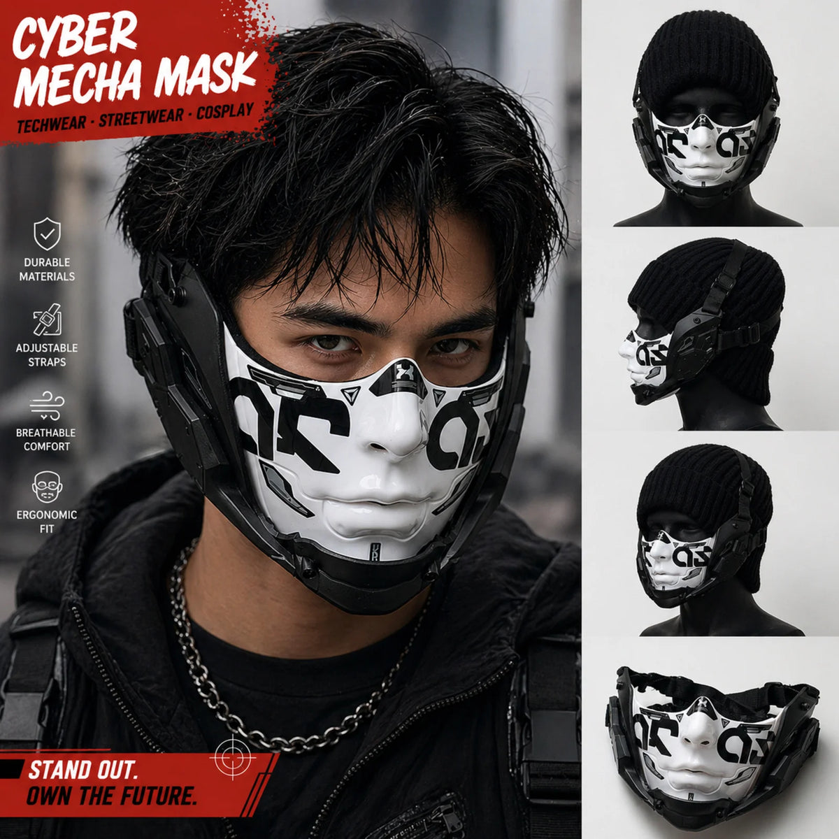 A close-up of a person wearing a black and white cyber mech mask with a textured hood and leather jacket.