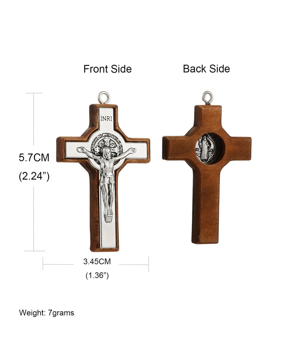 A wooden crucifix pendant showing the front and back sides, featuring a sculpted figure of Christ on the cross.