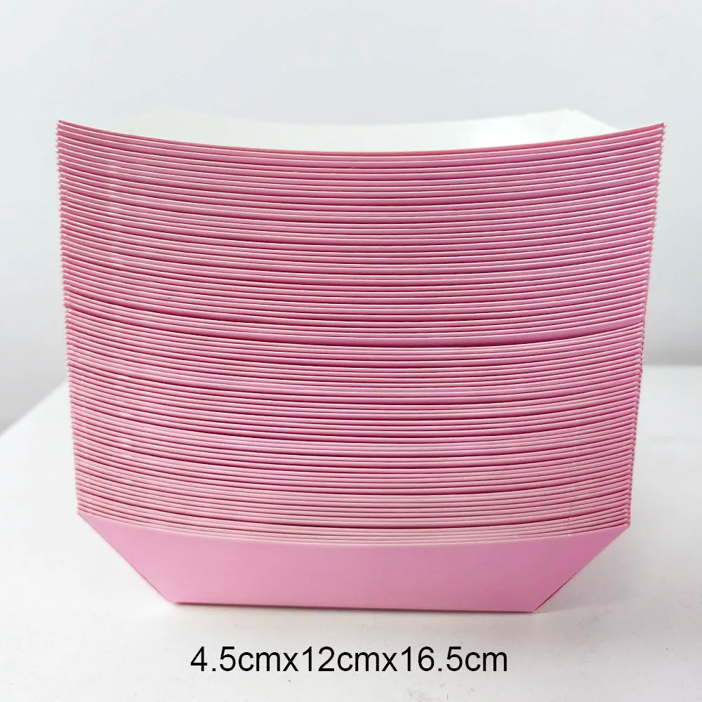 A stack of solid pink disposable paper food trays with dimensions 4.5cm x 12cm x 16.5cm.