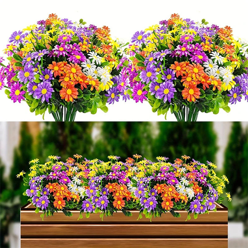 A vibrant bouquet of silk daisies featuring yellow, purple, and orange flowers displayed on a wooden surface.