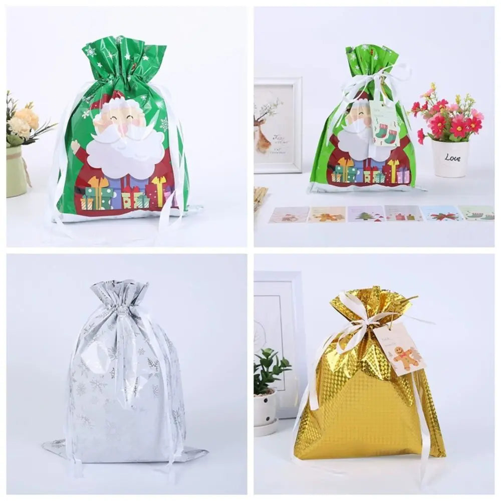Five festive drawstring Christmas gift bags featuring Santa and snowman designs in green, pink, and gold.