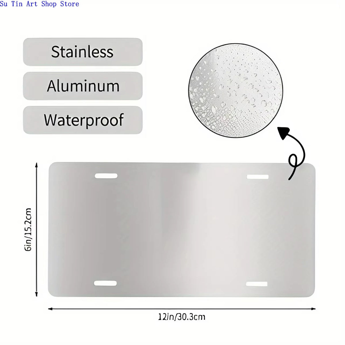 A rectangular metal wall plaque with a polished finish, available in stainless, aluminum, or waterproof options.