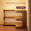 A wooden corner shelf with three tiers designed in an aesthetic curved shape for storage.
