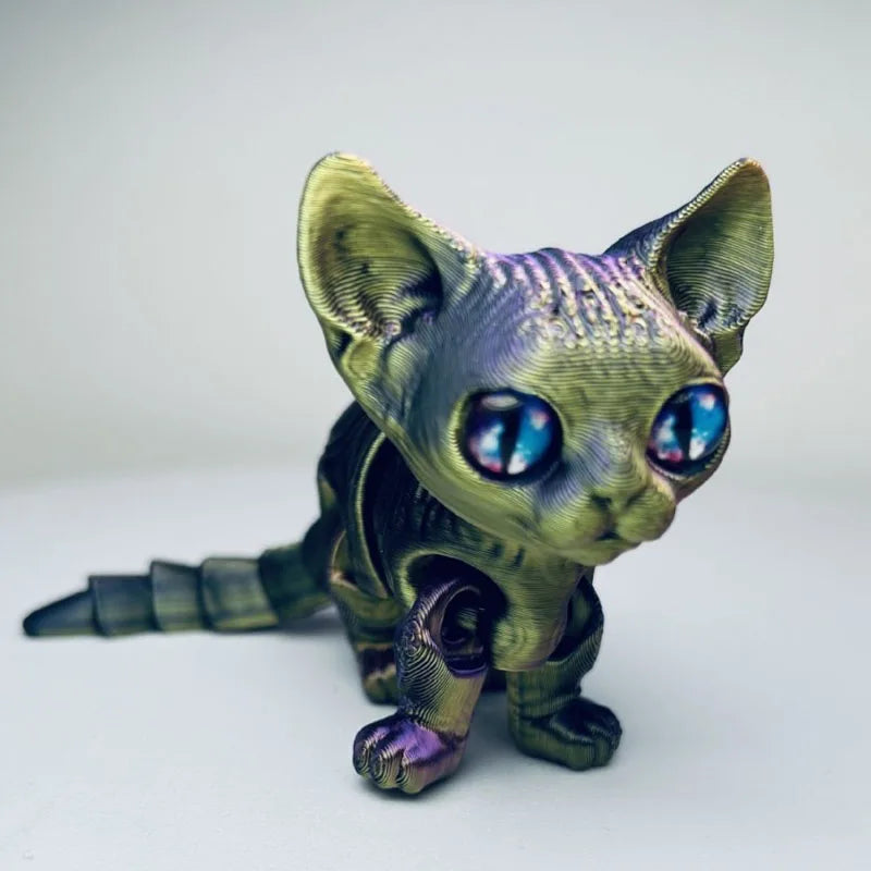 A detailed 3D printed figurine of a Siamese cat with purple and blue eyes.