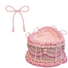 Pink pearl bow cake topper featuring a tiered, ruffled decoration for an elegant party theme.