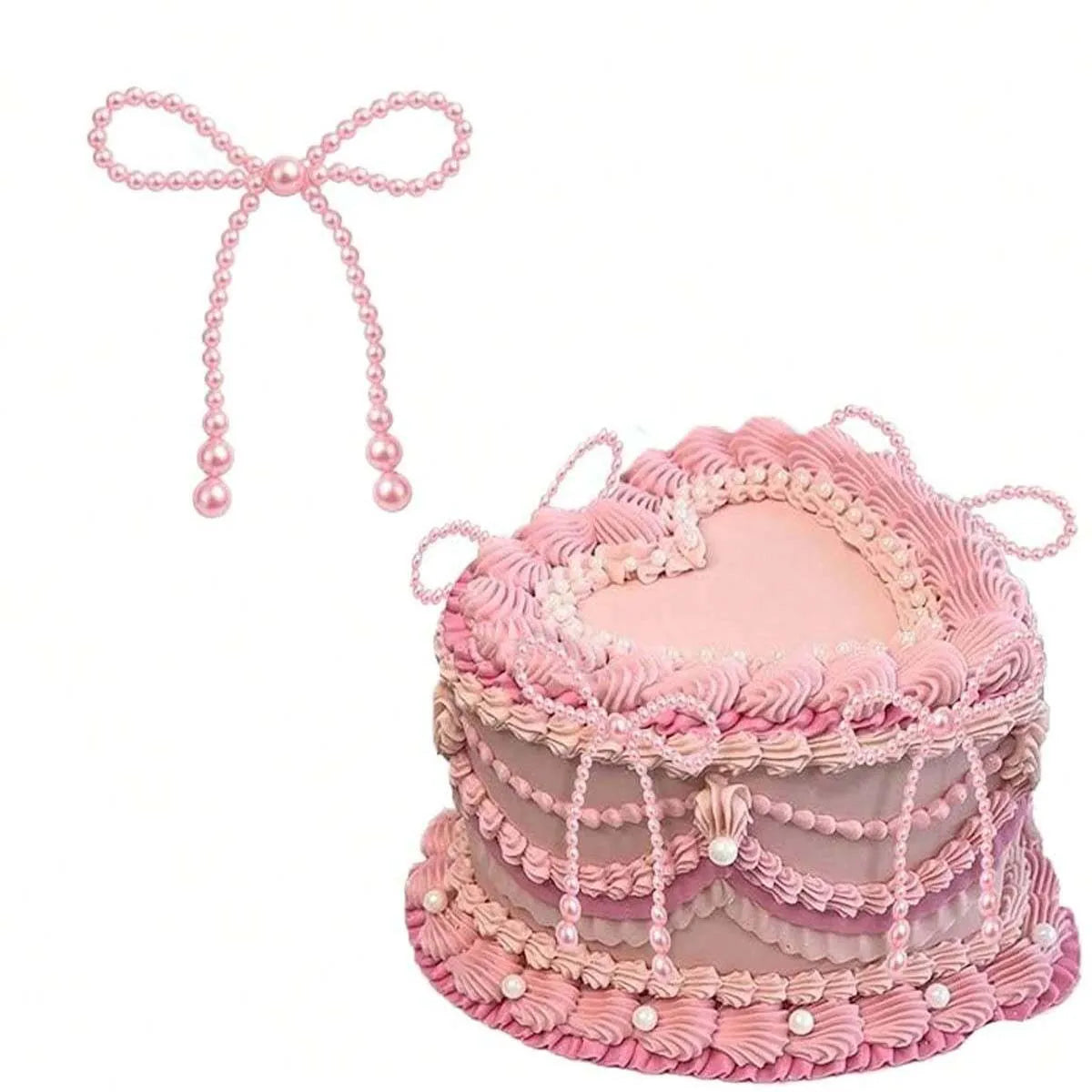 Pink pearl bow cake topper featuring a tiered, ruffled decoration for an elegant party theme.