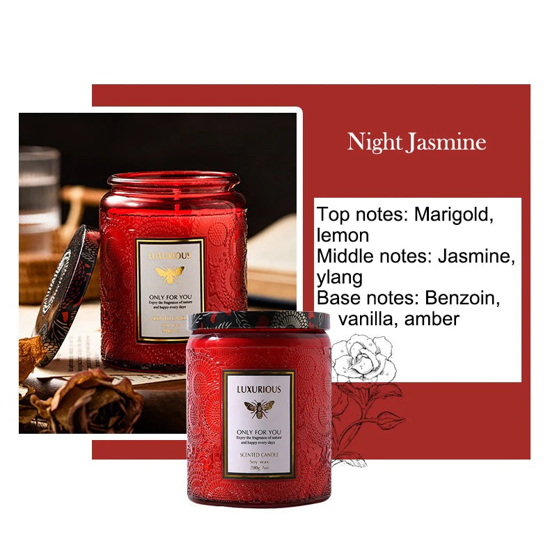 A dark red jar of Night Jasmine scented candle with a gold label and surrounding botanical elements.