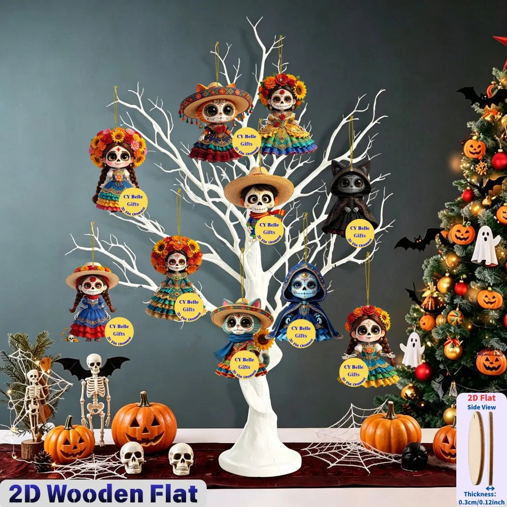 A display of flat wooden skull ornaments featuring various faces and colors for Halloween and Day of the Dead decor.