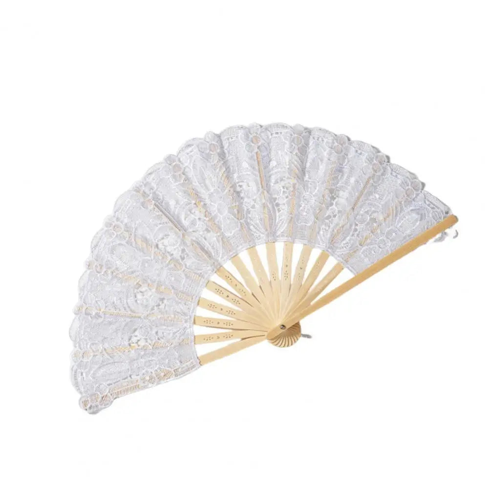 Abanico de mano plegable de encaje blanco elegante con varillas de madera y borla