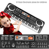 A black 61 key electronic piano for children with a microphone and musical information system.