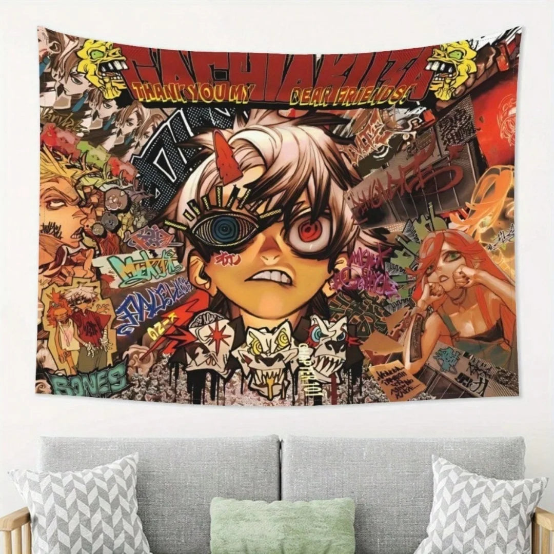 Tapiz de grafiti anime vibrante con personajes estilizados y letras audaces.