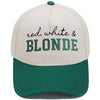 Casquette de baseball beige clair avec broderie vert foncé indiquant rouge, blanc et BLONDE