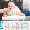 A set of 20 to 60 disposable baby bibs in various patterns are shown being used by a baby.