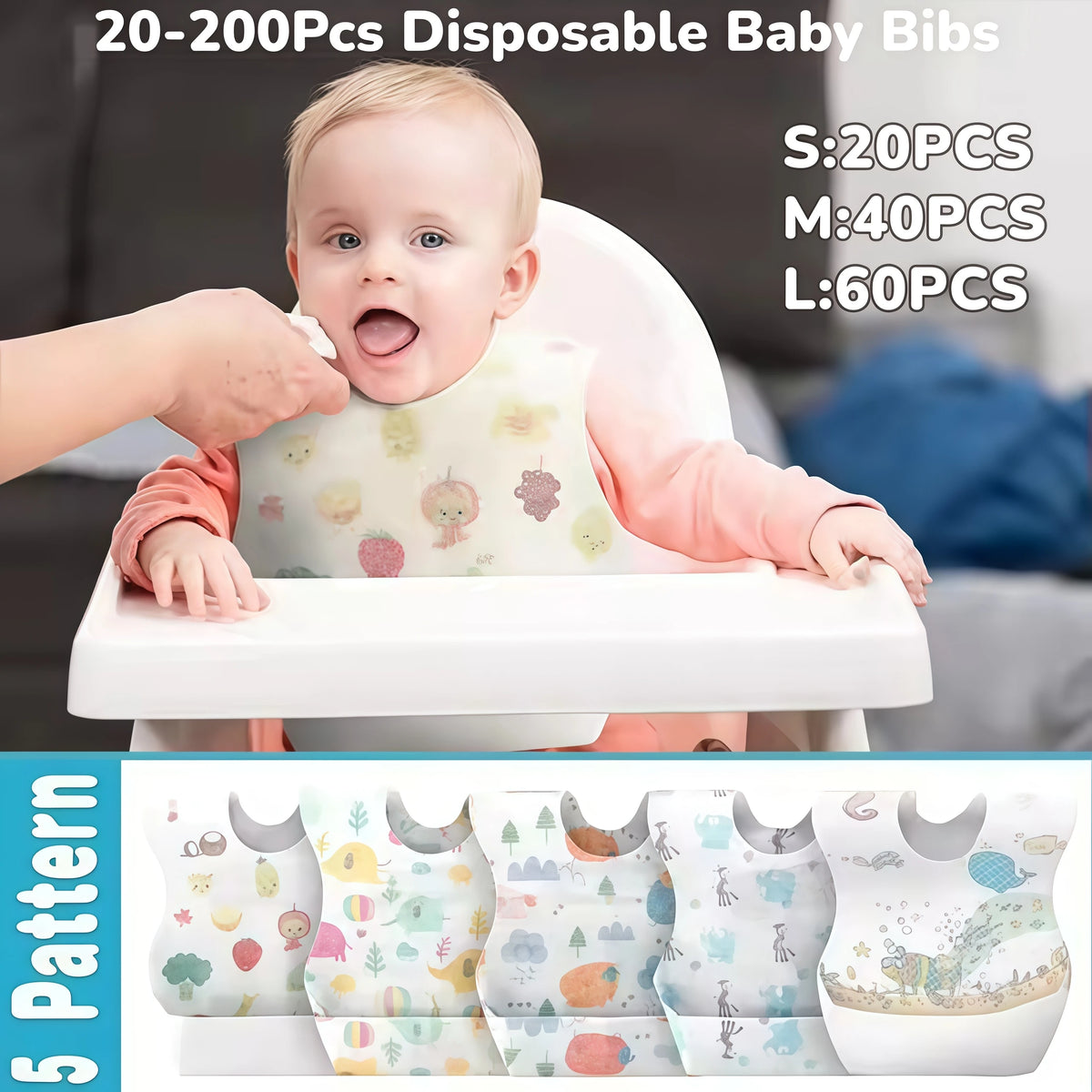 A set of 20 to 60 disposable baby bibs in various patterns are shown being used by a baby.