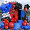 A balloon arch kit featuring red, black, and blue balloons with spider and star foil accents.