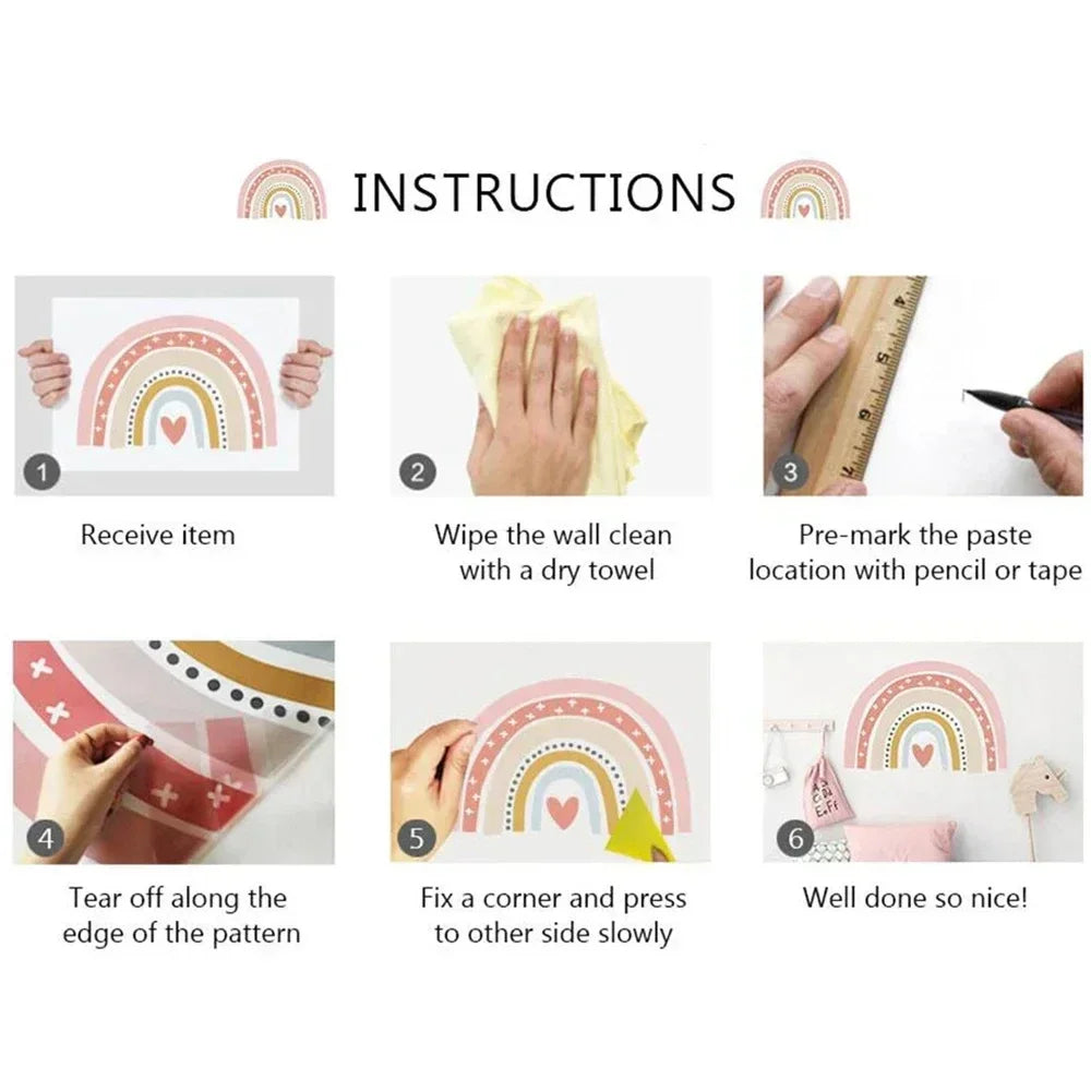 Instructions for applying butterfly tree fairy wall decals, showing steps from receiving the item to finishing the pattern.