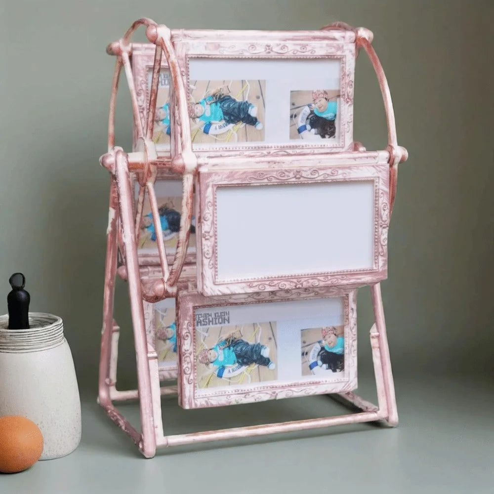 A pink rotating photo frame display featuring twelve slots with small portraits.