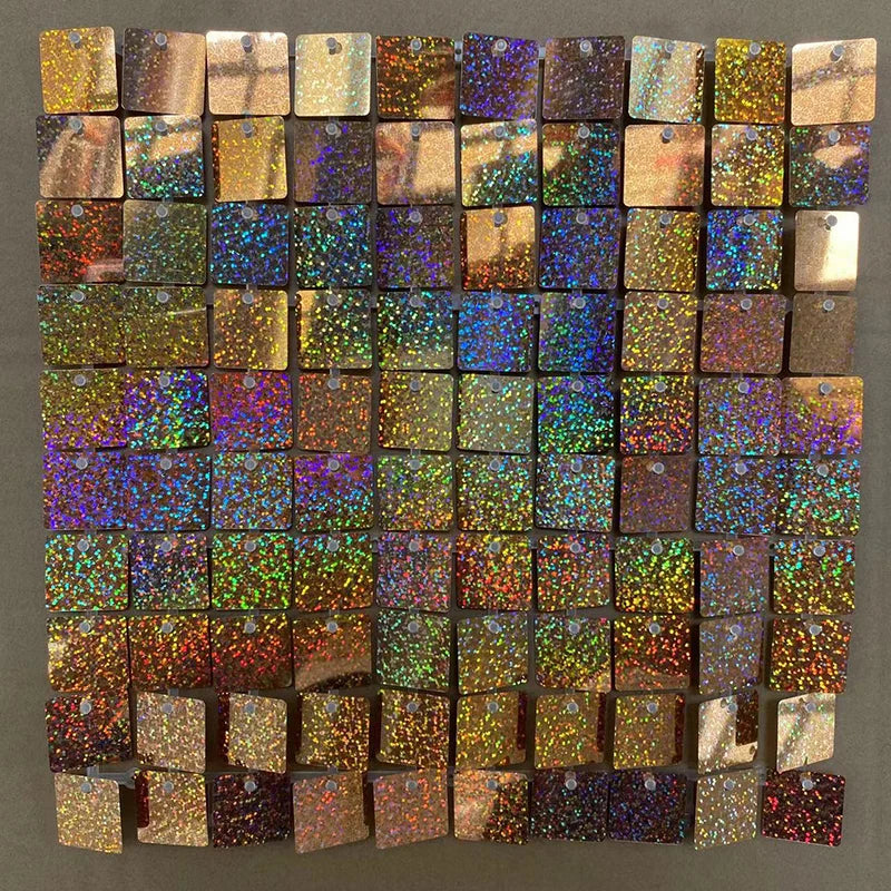 A grid of iridescent sequin shimmer wall panels in various colors and shades.