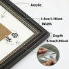 A dark wood photo frame with antique gold trim, showing dimensions and material details.