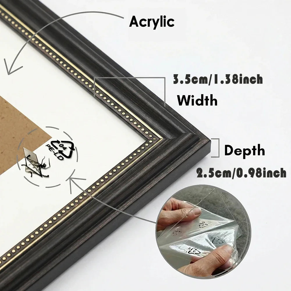 A dark wood photo frame with antique gold trim, showing dimensions and material details.